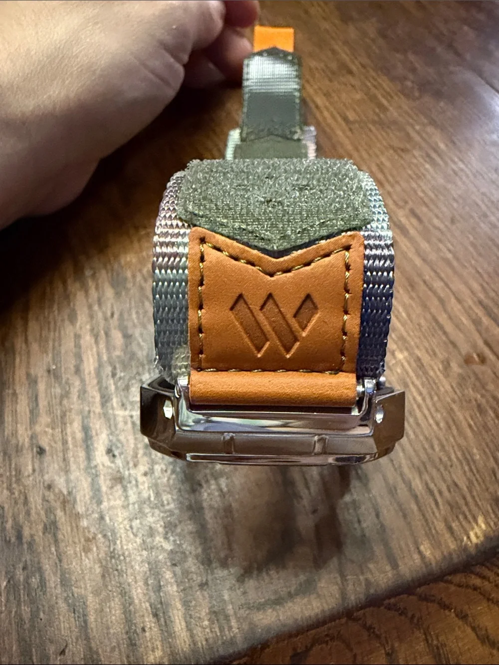 Rugged Metal Watch Case with Green Nylon & Tan Leather Strap